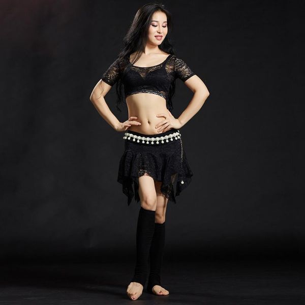 

lace belly dancing costume set 2 pieces short sleeve skirt for women lace dance costume oriental, Black;red