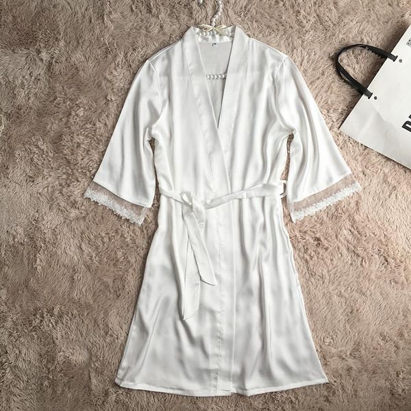 

women's sleepwear lady white kimono robe gown sweet lace trim with belt v-neck nightdress satin wedding bride bathrobe -xxl, Black;red