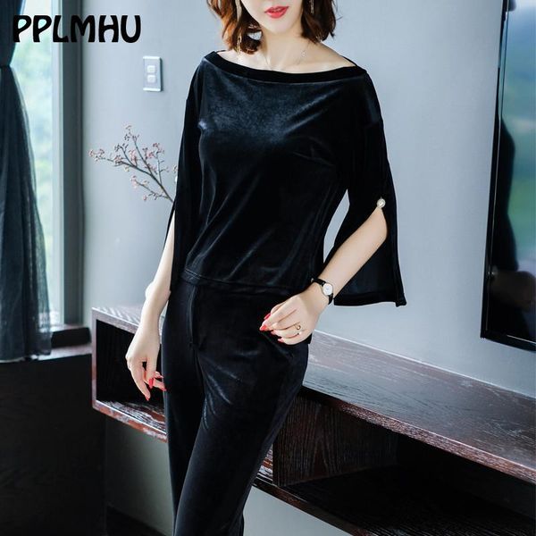 

two piece dress elegant slash neck two-piece sets velvet suit women 2021 plus size fashion pearl decoration split and pants party, White