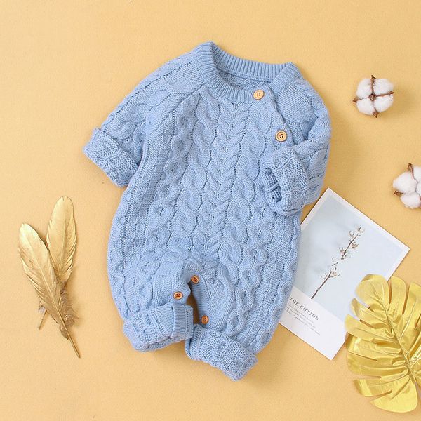 

2021 New Baby Boys Solid Clothes Children Girls Front Buckle Knitted Jumpsuit Wool Ball Cap Newborn Cotton Romper for 0-3 Age 210226, Camel