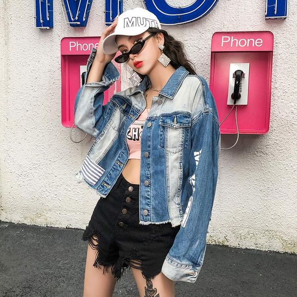 

2021 jacket denim fashion loose real sfor women sequin stitching sequins embroidery ing, Black;brown