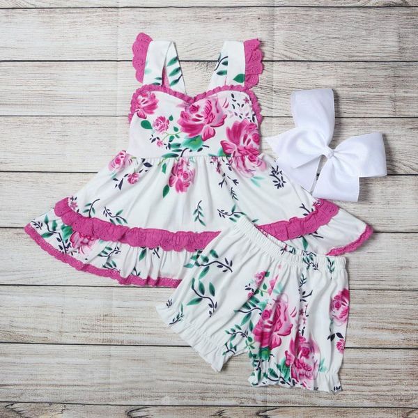 

clothing sets fashion boutique summer girls rose red lace skirt with shorts suit pink flower print pattern baby outfit clothes, White