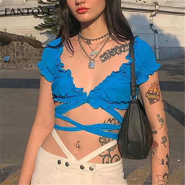 

2021 new v-neck crop women lace up backless tank bodycon tees summer beachwear femme tube camis erhi, White
