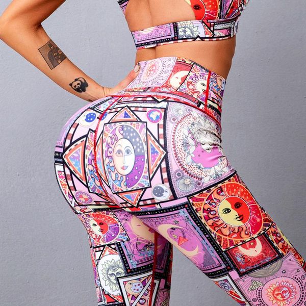 

21 spring and summer new print color high waist peach sports tights women's fitness fast dry high elastic hip lifting yoga pants, White;red
