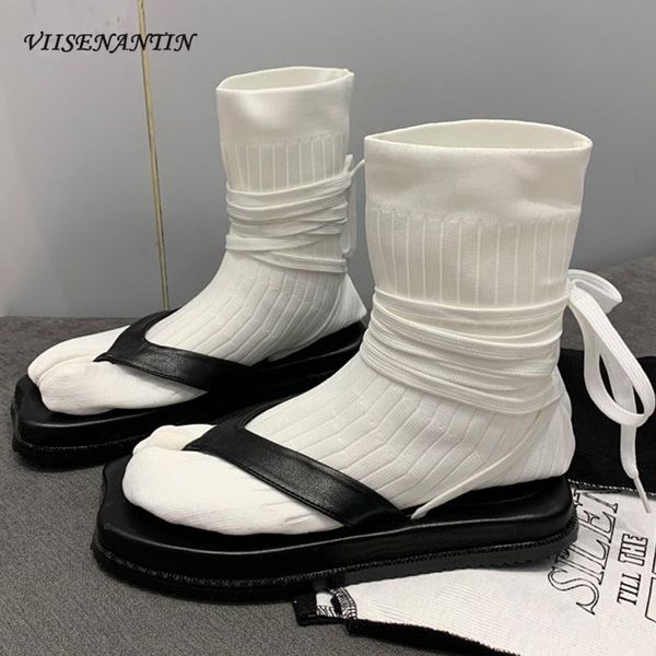 

boots autumn winter flat-bottomed lace-up short split toe flip-toe stretch socks trotters shoes fashion zapatos de mujer, Black