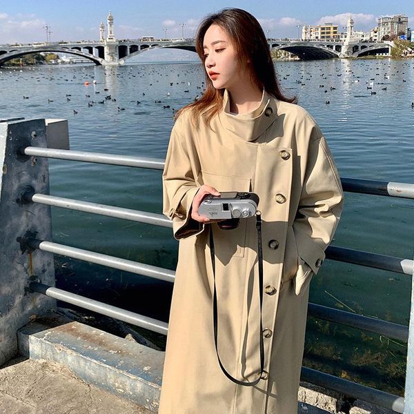 

women's trench coats 2021 spring autumn fashion street oversized x-long outerwear female loose clothing casual khaki coat, Tan;black
