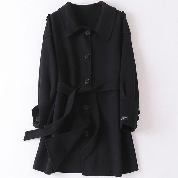 

women's wool & blends mid-length fashion belt black woolen coat solid color 100% double faced single breasted long sleeve