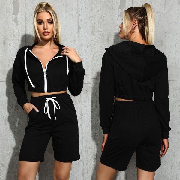 

women's tracksuits women sports suit zipper cardigan long sleeve hoodie drawstring shorts 2-piece set fall black fashion jogger harajuk, Gray