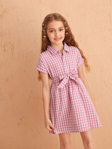 

girls plaid print half button belted shirt dress she, Red;yellow
