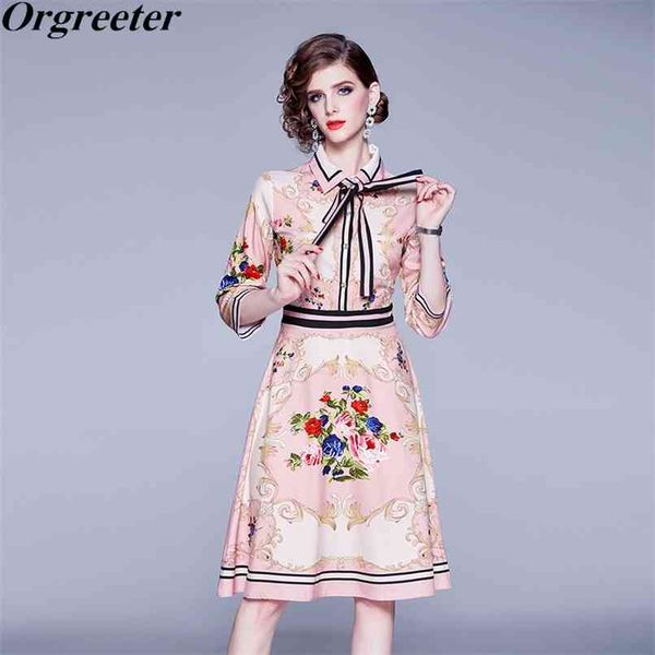 

spring european fashion temperament women's bow tie lapel slim retro floral printed three quarter sleeve a-line dress 210602, Black;gray