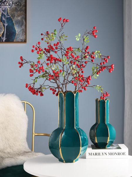 

vases imitation pomegranate ceramic vase flower pot green porcelain desk decor golden stripes floral home decoration modern