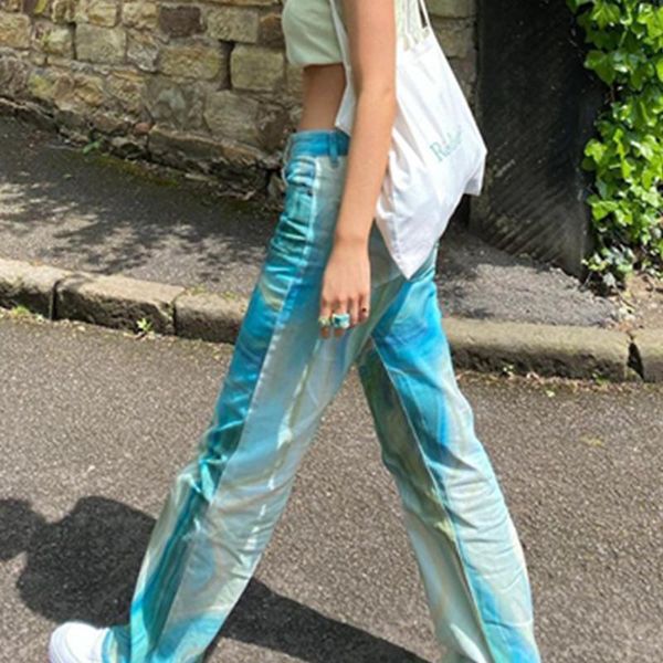 

women's jeans 2021 tie dye print women high waist wide leg loose casual streetwear summer trousers bottoms pants vintage y2k, Blue