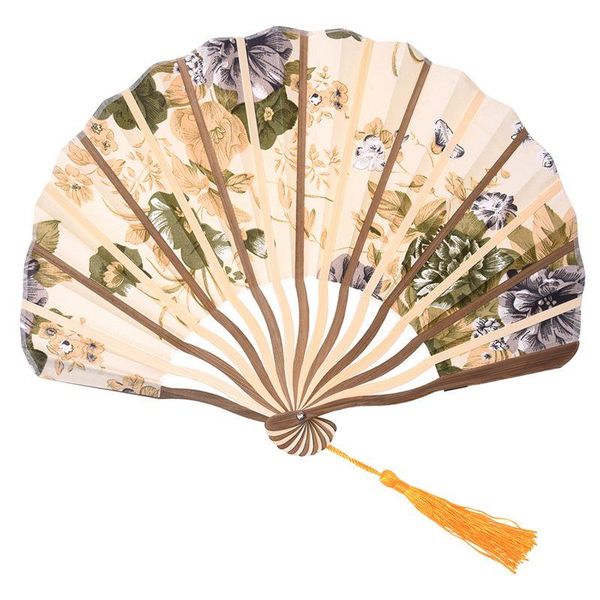 

jeyl classic style peony flower fabric bamboo folding dance hand fan beige
