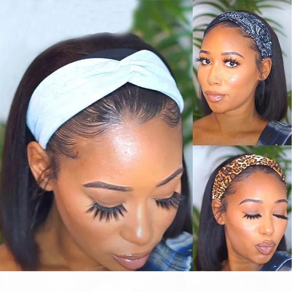 

straight short bob headband wigs with scarf 100% human hair wig 8-18inch glueless full machine headband wig natural color, Black;brown