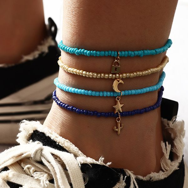 

jewelry personality creative trend rice bead chain lock pendant hand woven foot ornaments, Silver
