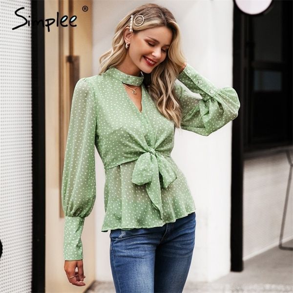 

simplee vintage dot print v-neck women chiffon blouse shirt bow tie high waist peplum puff sleeve female blouse shirt 210308, White