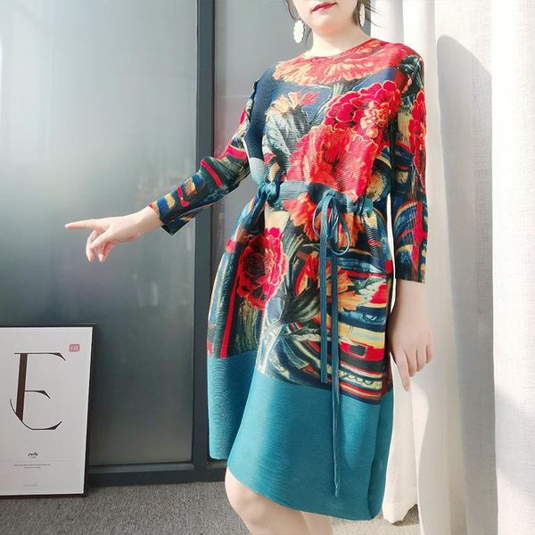 

casual dresses vintage print loose plus size long sleeve miyak pleated round neck fashion drawstring elastic dress for women clothes, Black;gray