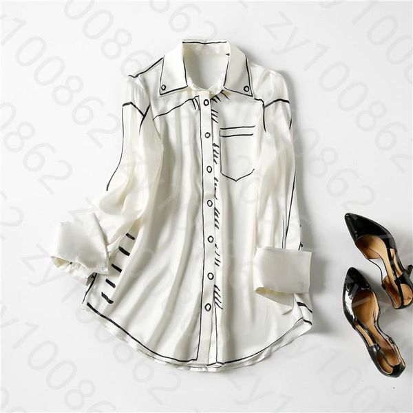 

2021 spring long sleeve lapel neck pink / blue contrast color natural 20mm silk single-breasted blouse elegant loose shirt shirts wd28171, White