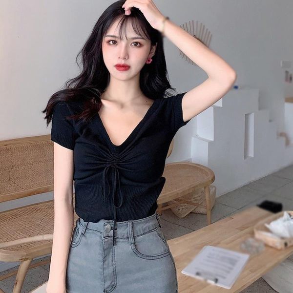 

women's t-shirt solid v-neck casual slim knitted short sleeve t shirt, White