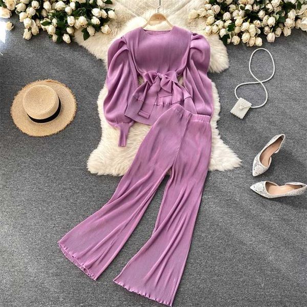 Elegante Frauen Lila Hose Anzüge Frühling Herbst Solide Puff Sleeve Top Plissee Chiffon Breite Bein Hosen 2 Stück Set weibliche Outfit 211007