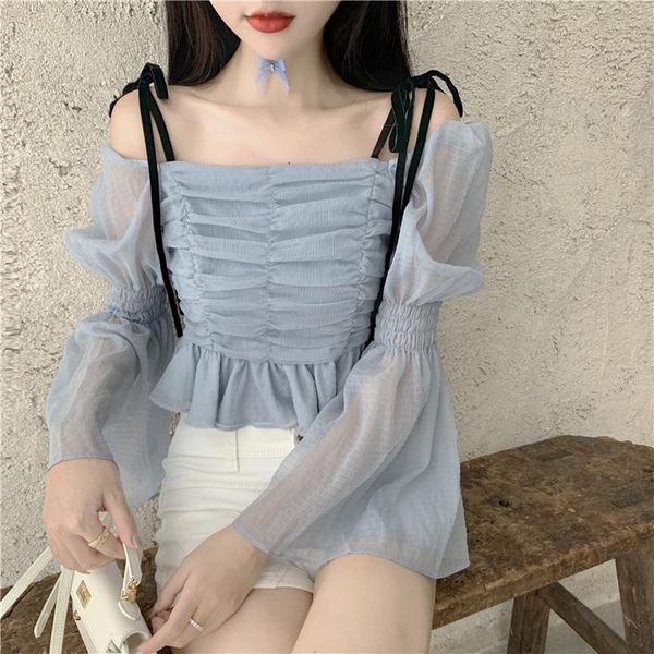 

summer thin chiffon flare sleeve woman blouse ruffles new short style sqaure collar blouse shirt girls bow tie elastic top, White