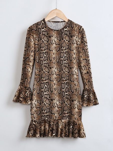 

girls snakeskin print flounce sleeve ruffle hem dress she, Red;yellow
