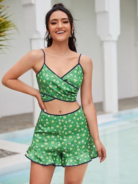 

floral cut-out wrap cross contrast binding cami romper s2lg#, White