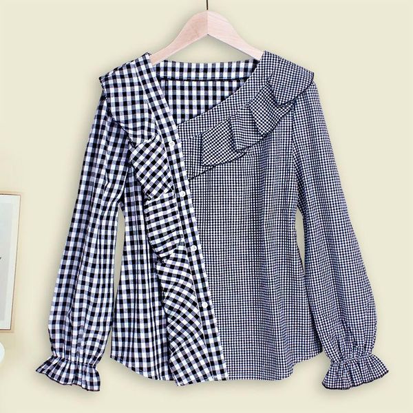 

women's blouses & shirts cotton plaid women summer vintage asymmetrical ruffles neck long-sleeved elegant office lady outwear oversize, White