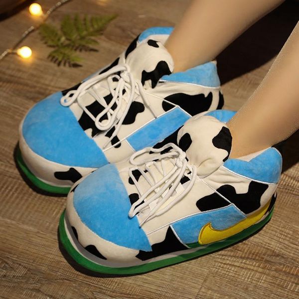 

slippers lovely cows lace-up round head cotton shoes cartoon warm indoor non-slip women winter couples house luxury fluffy, Black