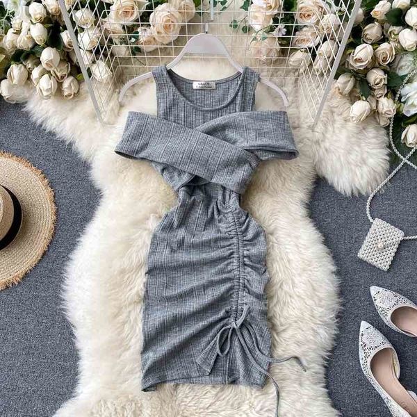 

summer arrivals sleeveless hollow out drawstring knee length dress women high waist streetwear mj023 210525, Black;gray