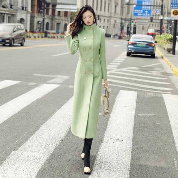 

women's wool & blends coat middle long knee 2021 winter stand collar waist hepburn avocado green, Black