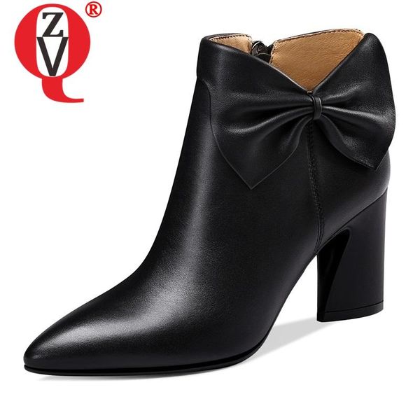 

boots zvq botas mujer 2021 est genuine leather pointed toe high strange style zipper winter plush warm bowties sweet ankle, Black