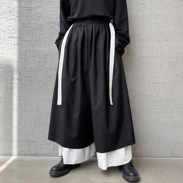 

men's pants black white splice belt pant men loose casual harajuku streetwear kimono skirt wide leg male korean fashion trousers