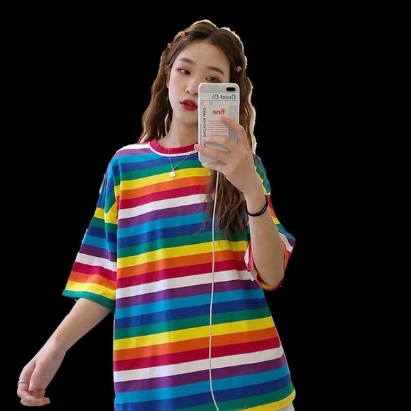 

women's t-shirt t shirt women rainbow striped harajuku tshirt 2021 summer short sleeve korean punk camiseta feminina t8, White