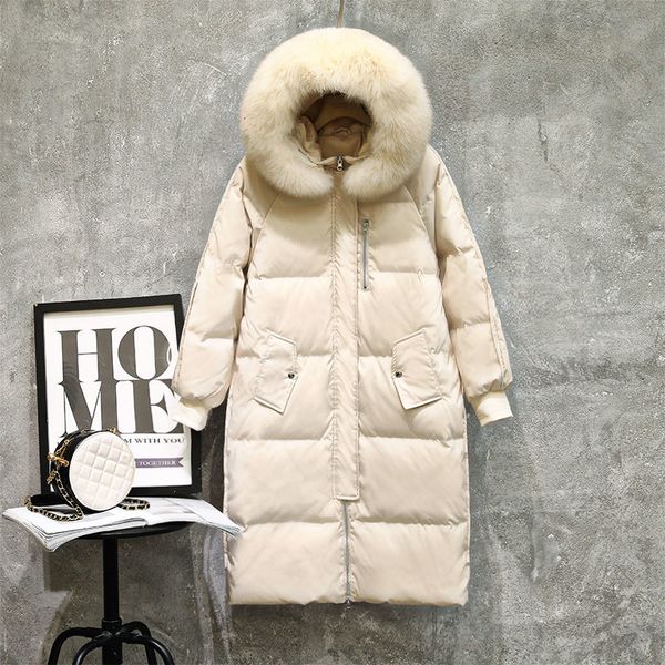 

2021 new big fox fur collar parkas women winter long white duck down coat female jacket pp469 e7sh, Black