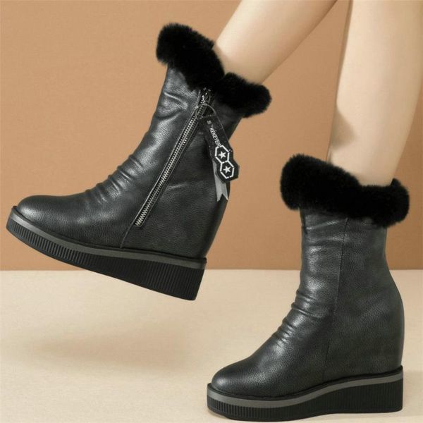 

boots lace up winter creepers women genuine leather wedges high heel ankle female warm fur fashion sneakers casual shoes, Black