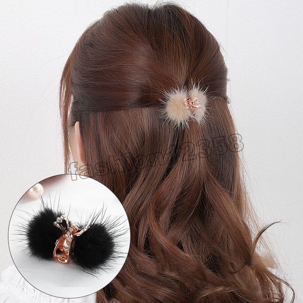 

cute hair claws mink faux fur plush hair claw hairpins head pom crab clips fashion jewelry women girls headwear hair accessories, Golden;silver