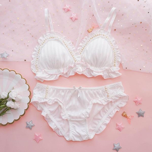 

young girls kawaii sweet lolita pearl bow ruffle white sleep underwear lingerie set japanese bra & panties intimates1, Red;black