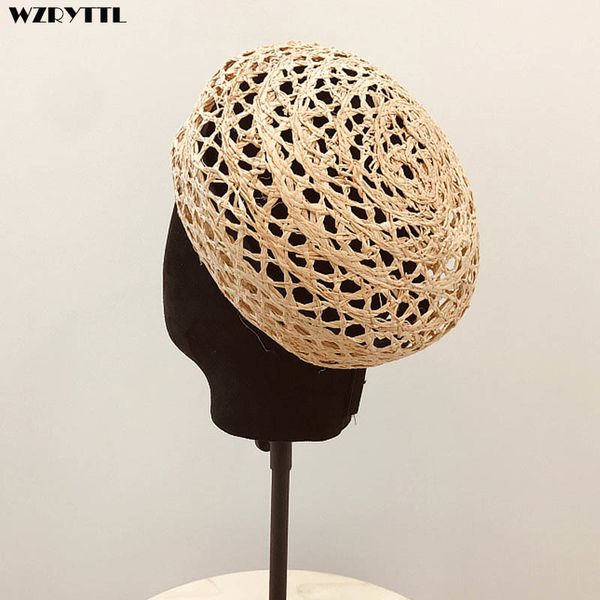 

2021 new trendy summer women cloche raffia hat adjustable girl straw sun beach cap ladies french style papyrus beret 38f0, Blue;gray