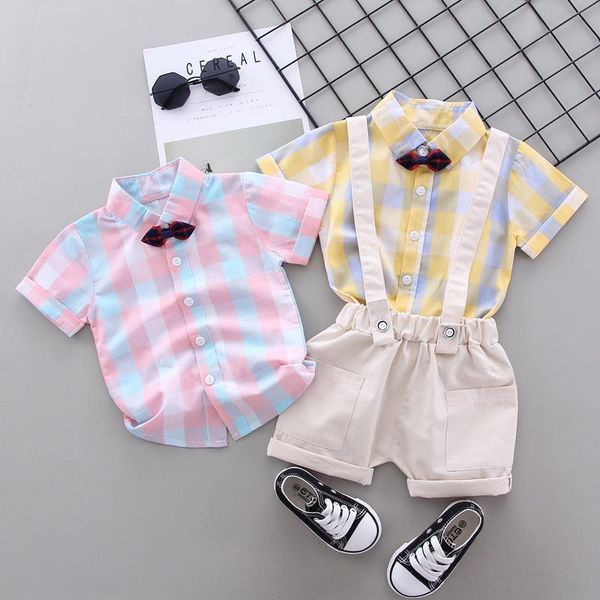 

clothing sets summer 2021 kids clothes children's plaid short sleeve set bow t-shirt + suspender shorts boys 2 piece suits infant child, White