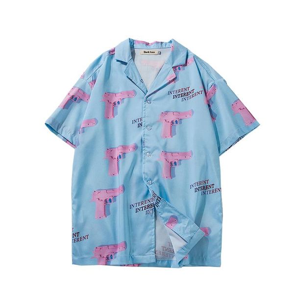 

men's casual shirts turn-down collar hawaii style 2021 summer pink gun full printing shirt men for, White;black