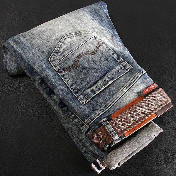 

men's jeans italian style fashion men retro blue elastic slim ripped patchwork vintage designer casual cotton denim pants