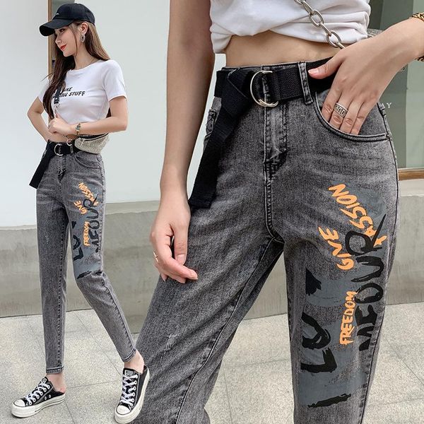 

belt women korea letter print jeans spring autumn high waist slim body pencil pants 2021 woman plus size black grey jeans, Blue
