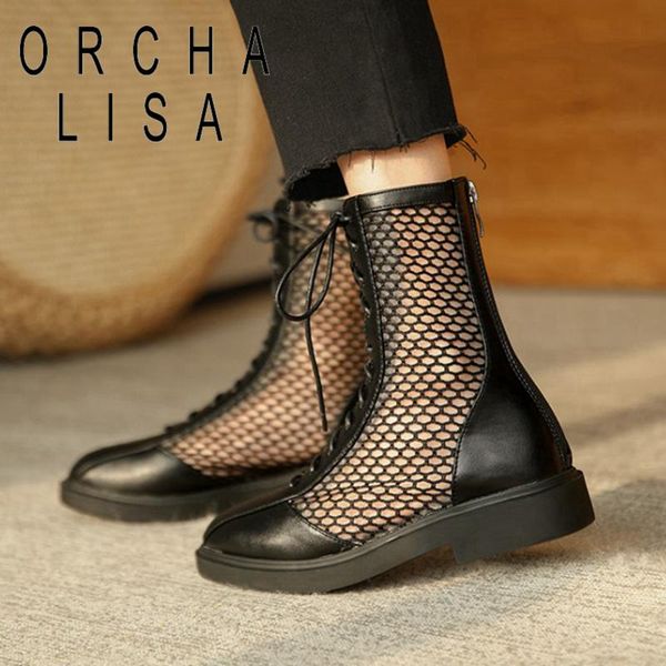 

boots orcha lisa 2021 women ankle round toe 3cm block heels mesh patchwork lace-up zip cool breathable big size 43 a3618, Black