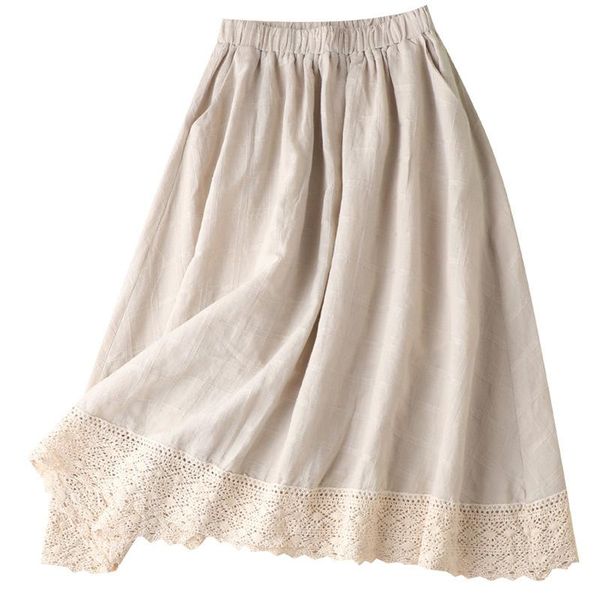 

skirts shuchan womens cotton linen young style solid a-line mid-calf empire patchwork lace long for women, Black