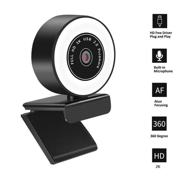 

webcams 2k hd webcam auto focus usb web camera rotatable cam with dual microphones & ring fill light for pc lapcomputer