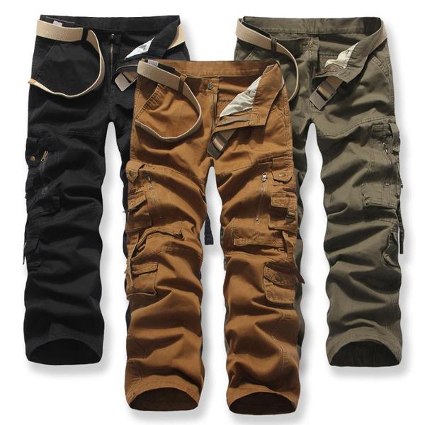 

men's pants men cargo mens casual cotton trousers solid military overalls multi pockets decoration plus size without belt, Black