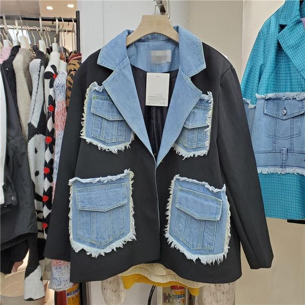 

women's suits & blazers seebeautiful contrast color denim splice loose blazer coat notched long sleeve single breasted autumn 2021 fash, White;black