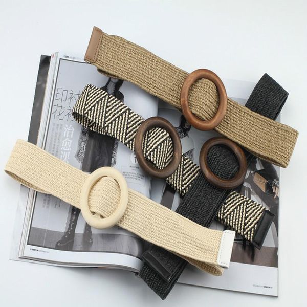 

vintage boho braided waist belt summer solid female belt round wooden smooth buckle fake straw wide belts for women sale, Black;brown