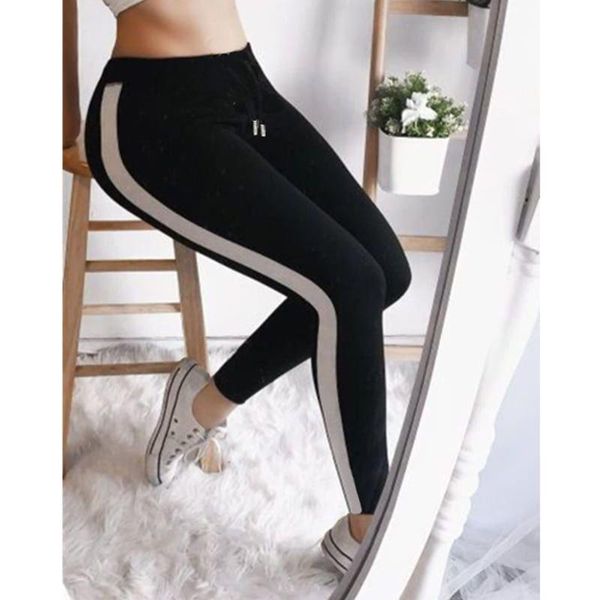 

women striped drawstring pants yoga sport gym leggings bowtie casual long pants high waist pantalones de mujer, White;red